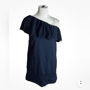 EUC ABERCROMBIE + FITCH Navy One Shoulder Eyelet Ruffle Lace Shift Mini Dress